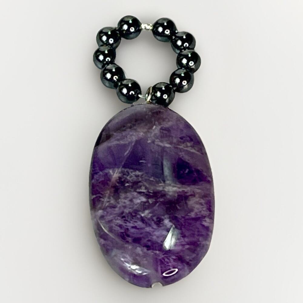 Natural Amethyst Gemstone & Hematite Oval Pendant - 10.8 grams